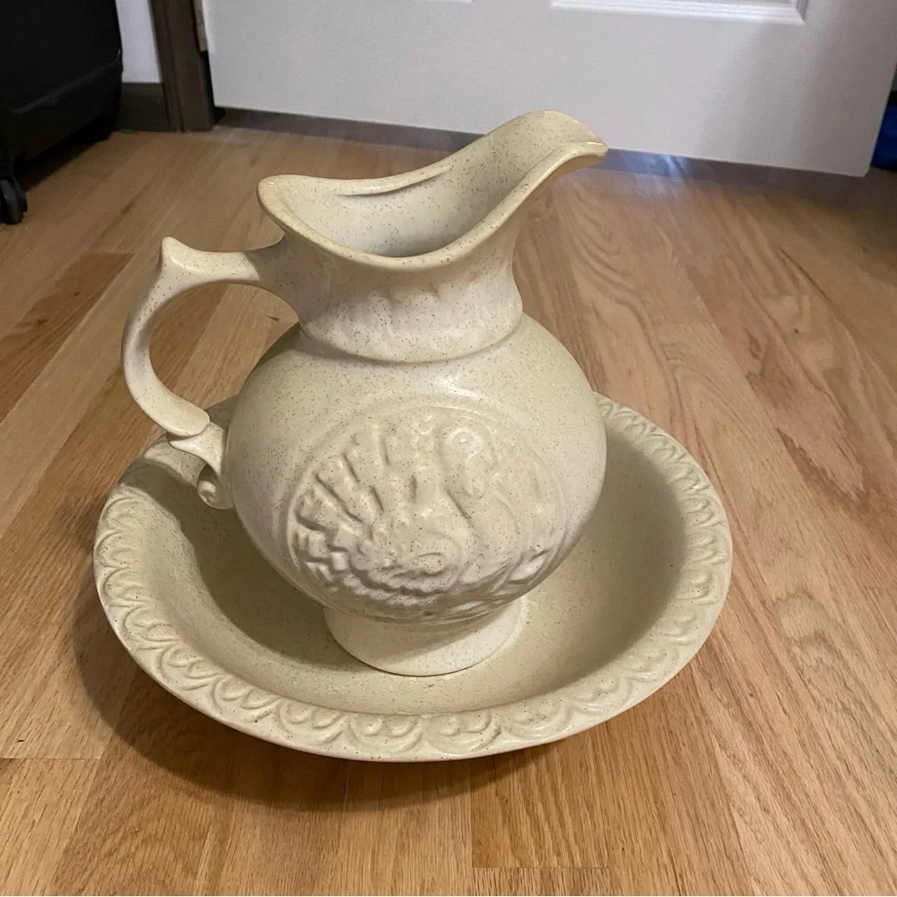 Vintage McCoy Pottery Turkey Pitcher & Bowl Thanksgiving Art Tan Centerpiece